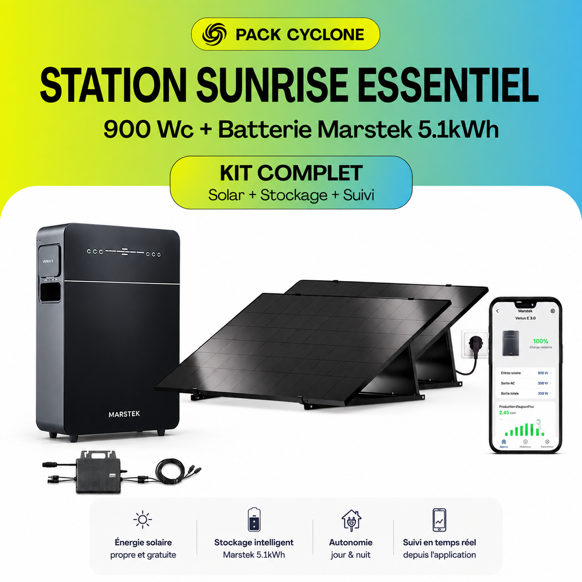 SunRise Essentiel | Pack Cyclone et Autonomie | 900 Wc de panneaux + Batterie Marstek 5.12kWh